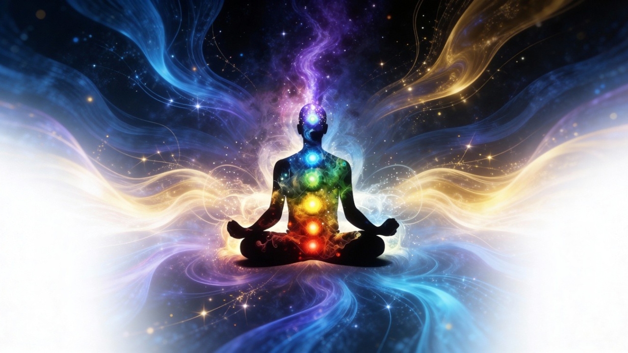Meditation image with symbolic chakra colors and flowing energy patterns, representing inner awareness and holistic self-reflection