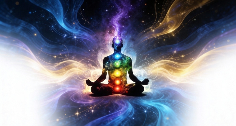 Meditation image with symbolic chakra colors and flowing energy patterns, representing inner awareness and holistic self-reflection