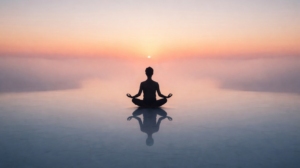 Meditation at sunrise reflected on calm water, symbolizing inner awareness and gentle change over time.